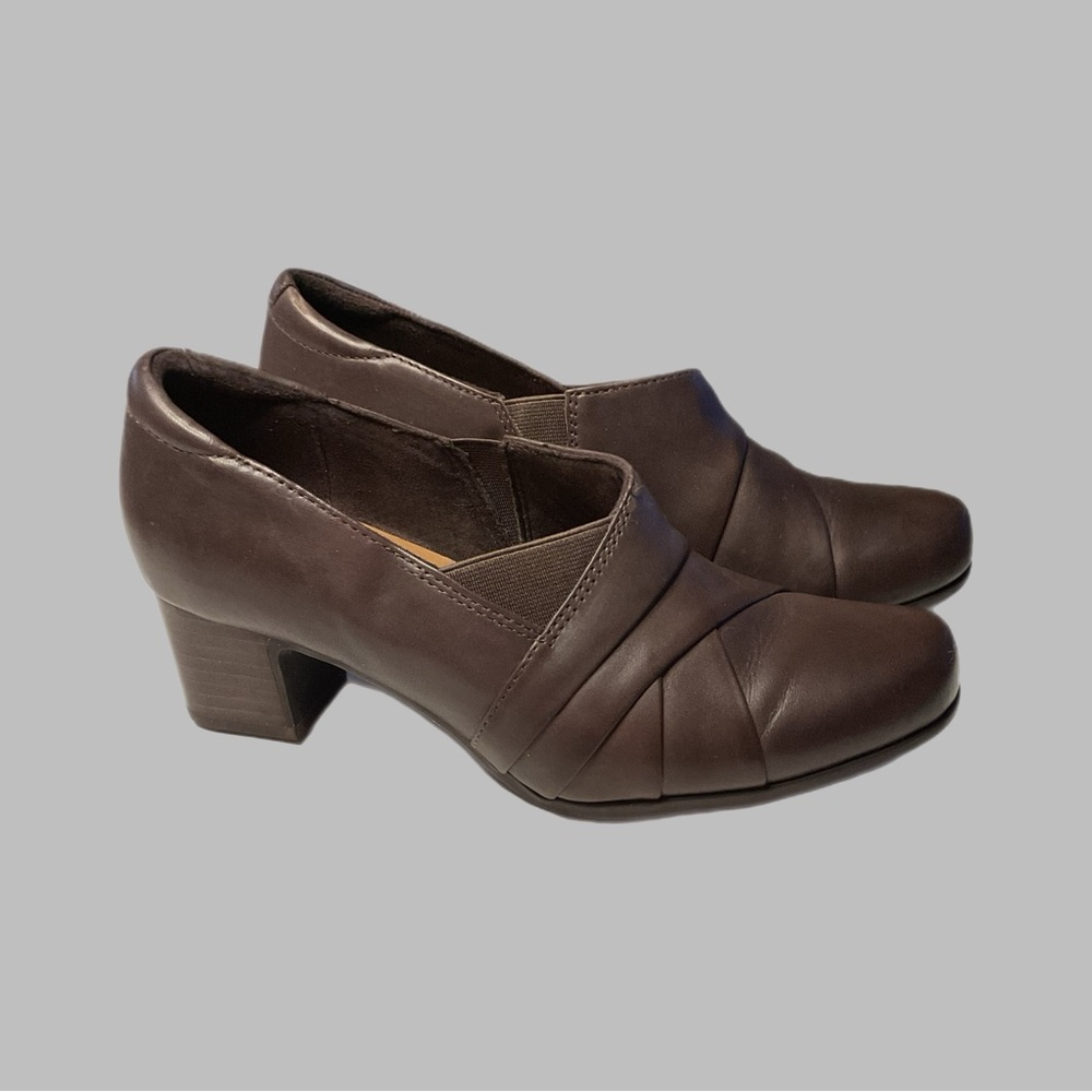 Clarks Unstructured Oxfords 6 Slip on Brown Block Heel Cushion Victorian Comfort